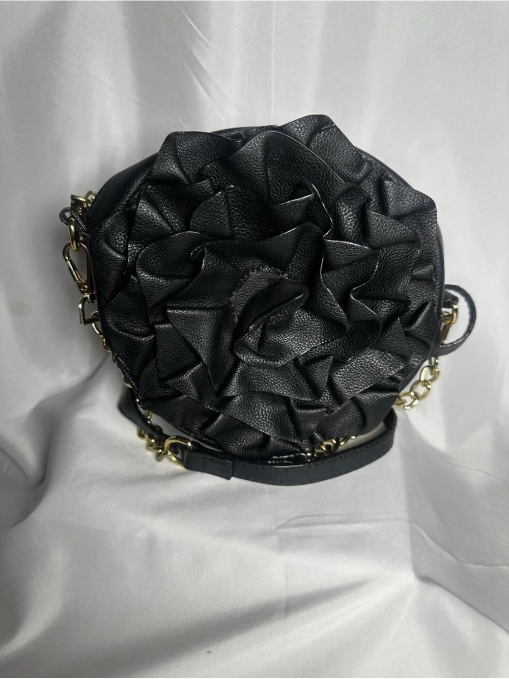 Black Ruffle Crossbody Bag with Gold Hardware